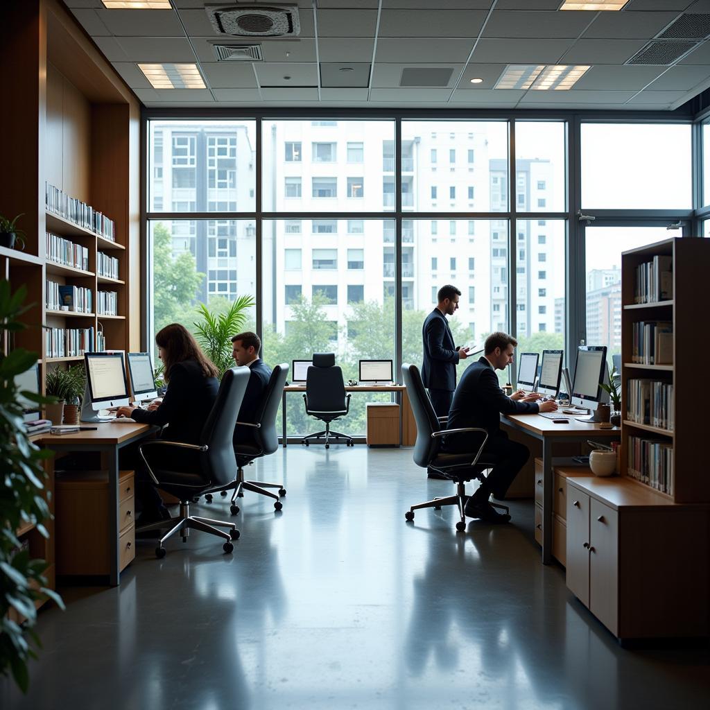 Modern law firm office with lawyers working