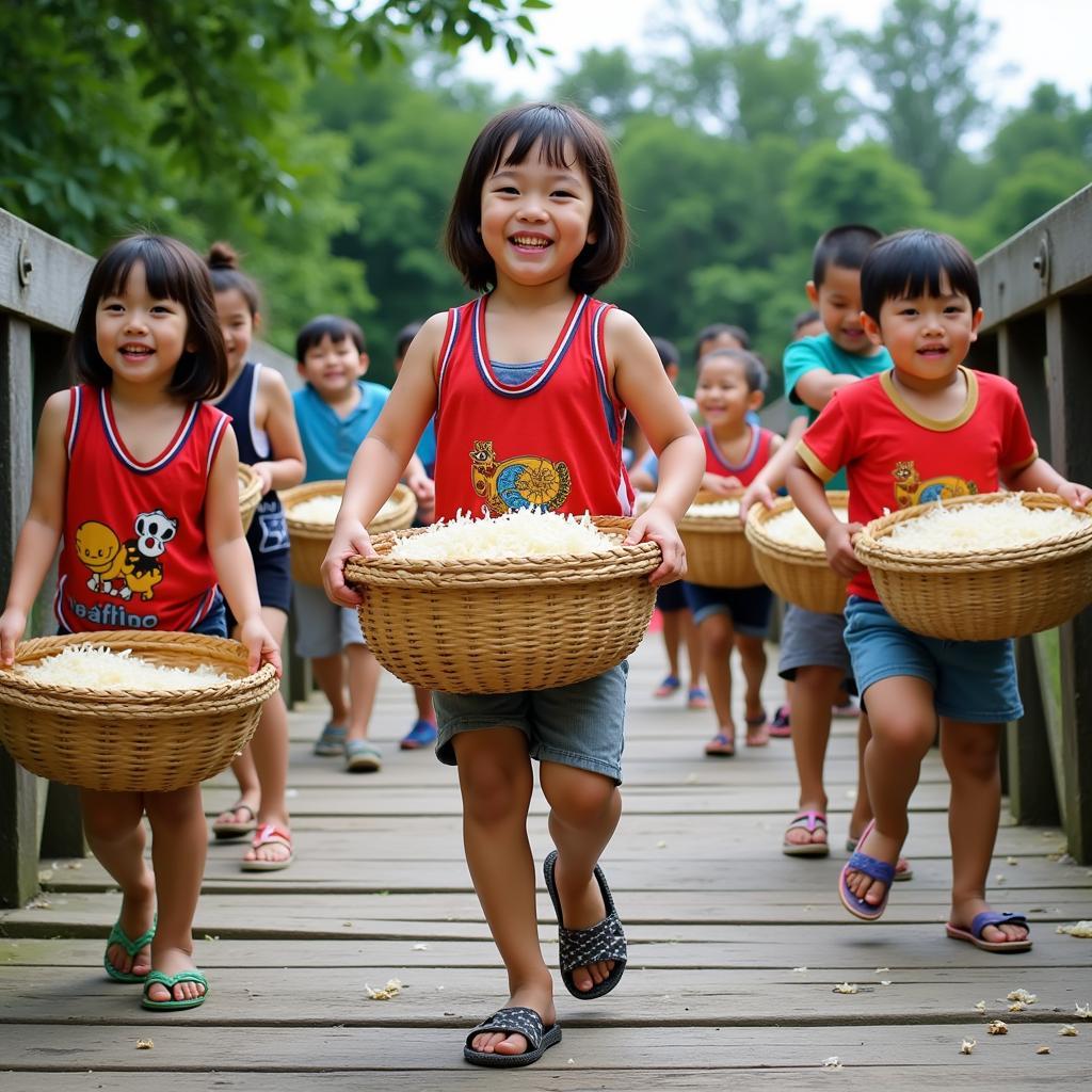 Trẻ em chơi gánh lúa qua cầu