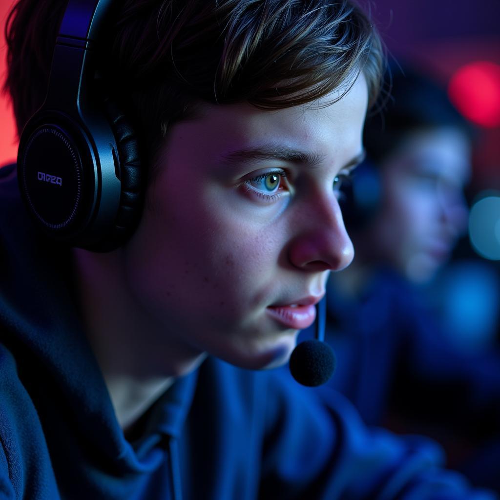 Online gamer wearing headset and focused on the game