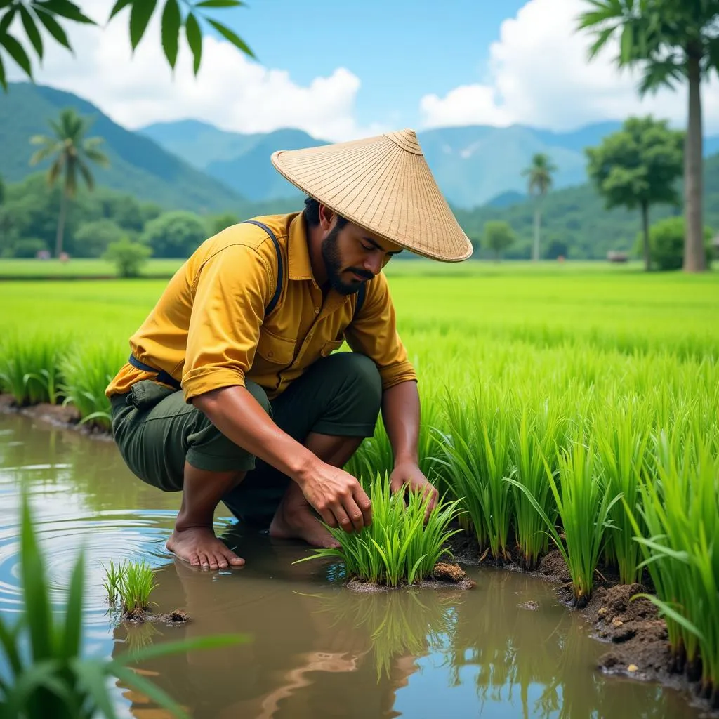 Nông dân đang gieo mạ trên cánh đồng