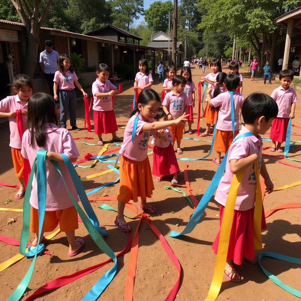 Trẻ em chơi rồng rắn lên mây, vượt qua chướng ngại vật là dải lụa.