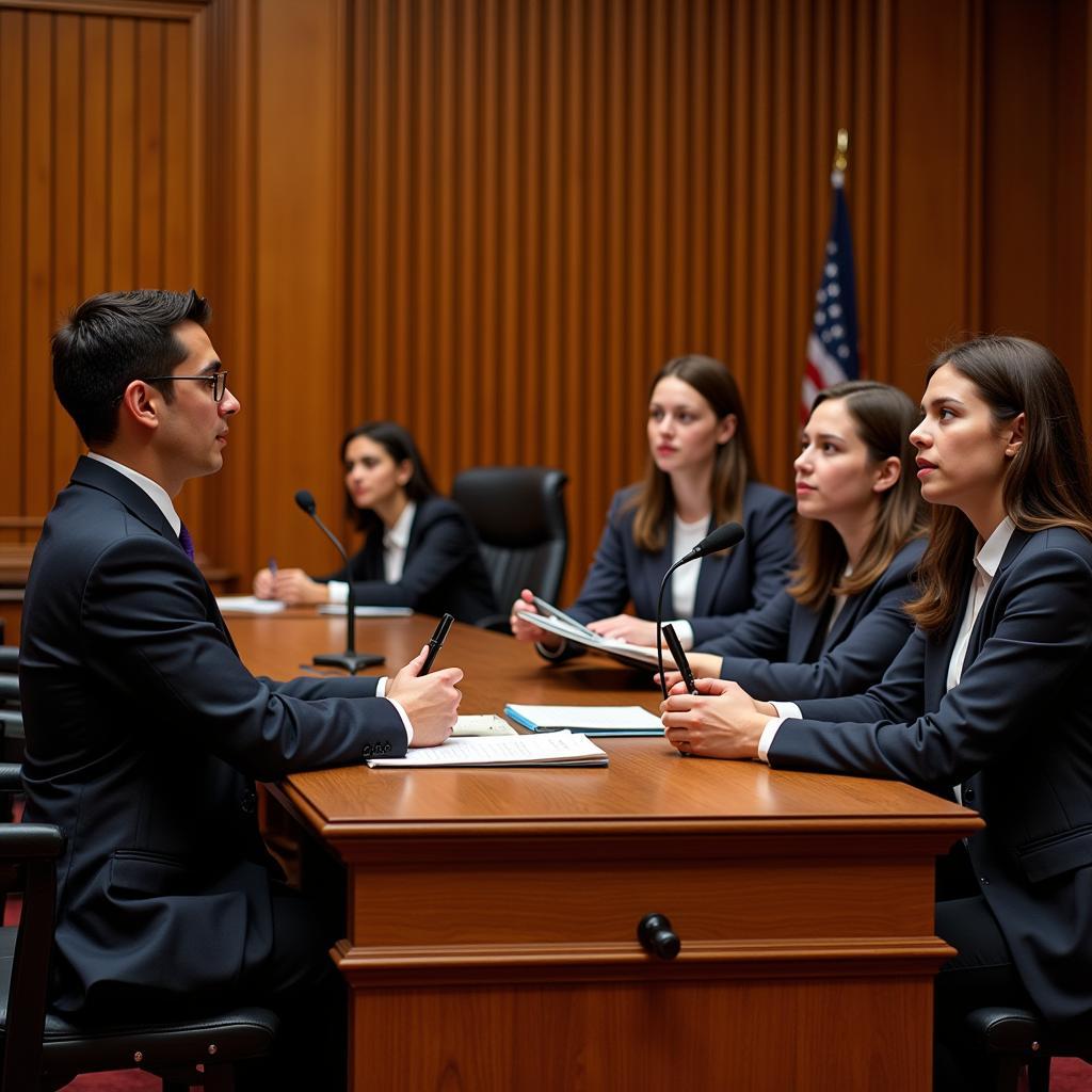 Law students participating in a moot court competition