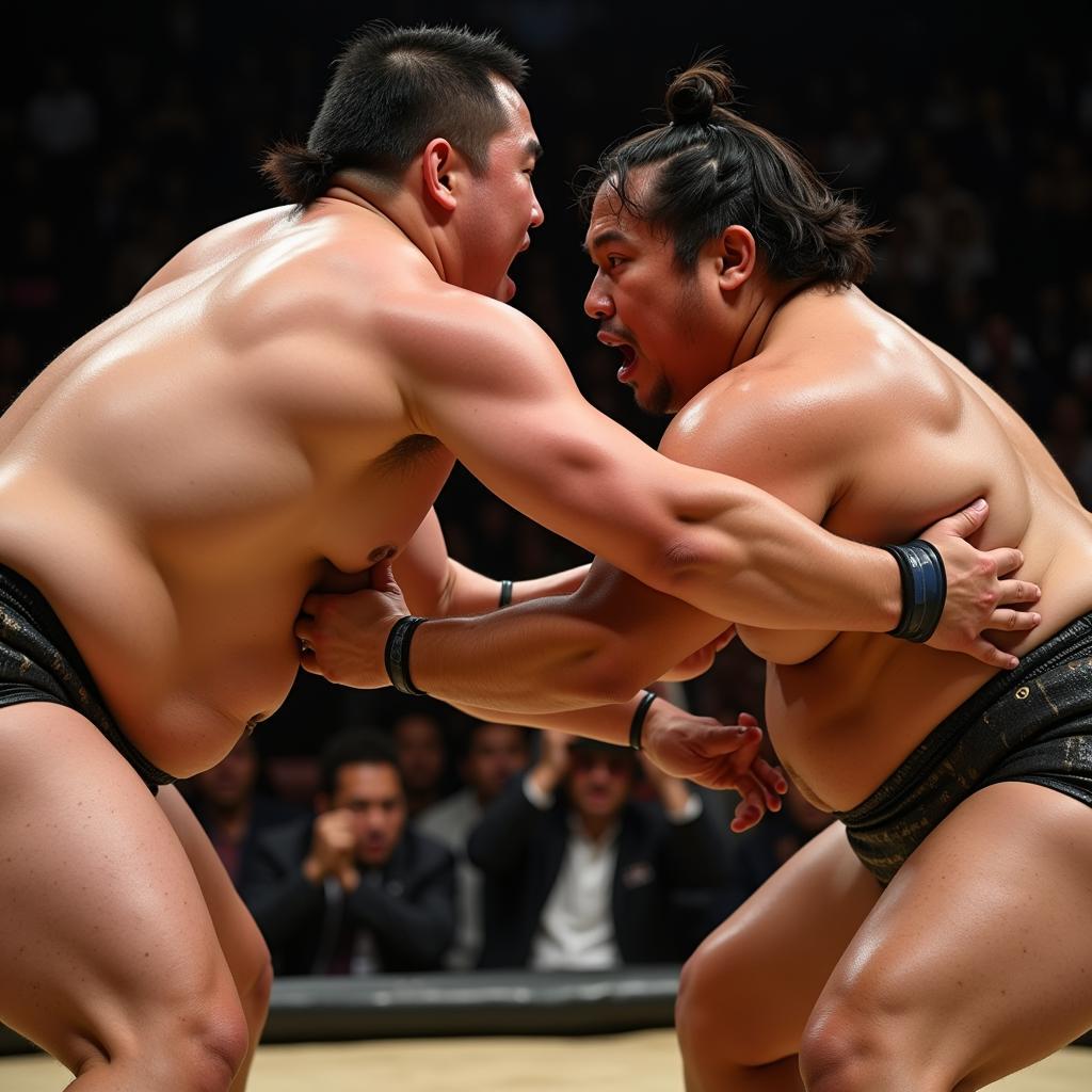 Sumo wrestler gripping the mawashi