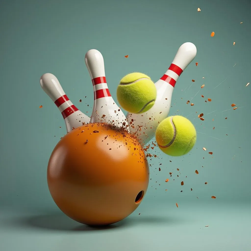 Hình ảnh minh họa va chạm giữa bóng bowling và bóng tennis