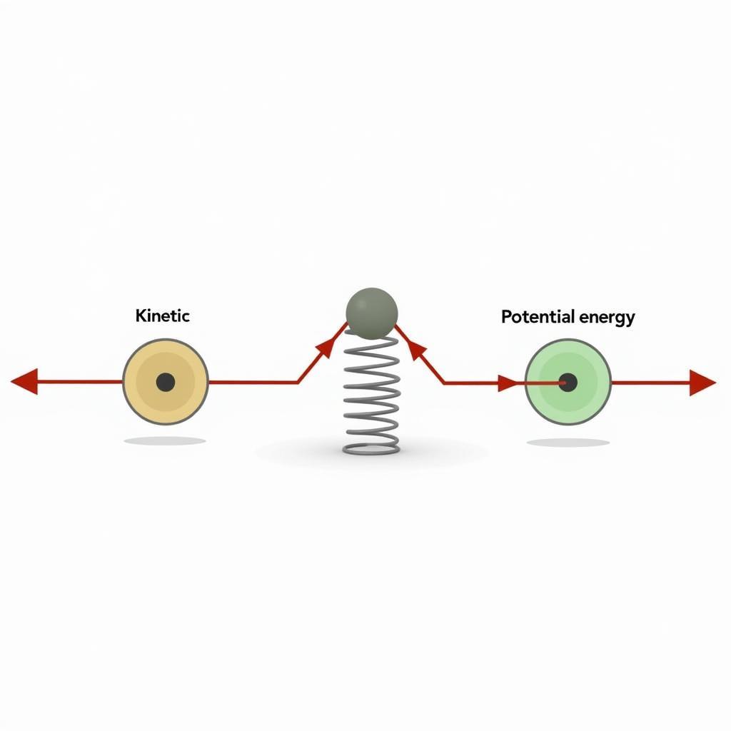 A mass attached to a spring oscillates back and forth. As the mass moves, its kinetic energy and potential energy continuously interchange, but their sum remains constant.