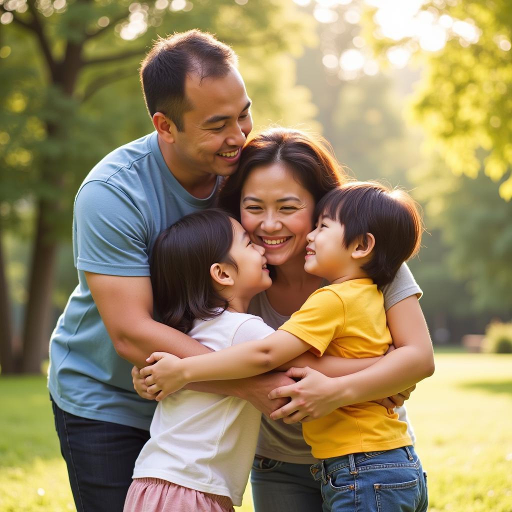 Lợi ích của phương pháp Chikara Oyano: Minh họa hình ảnh gia đình hạnh phúc, cha mẹ và con cái đang ôm nhau.