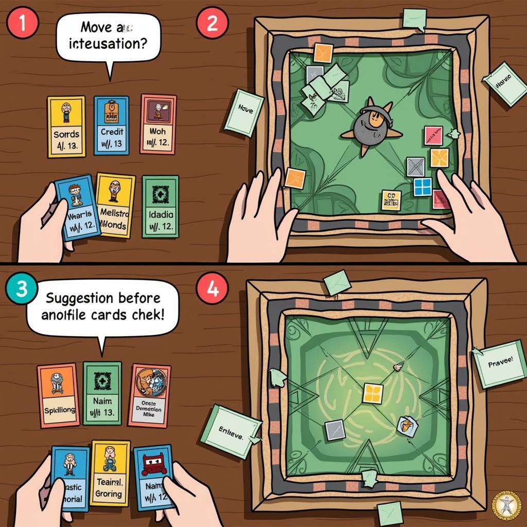 Luật chơi Clue board game: Hình ảnh minh họa các bước chơi cơ bản của Clue, bao gồm di chuyển, đưa ra giả thuyết và kiểm tra bài.