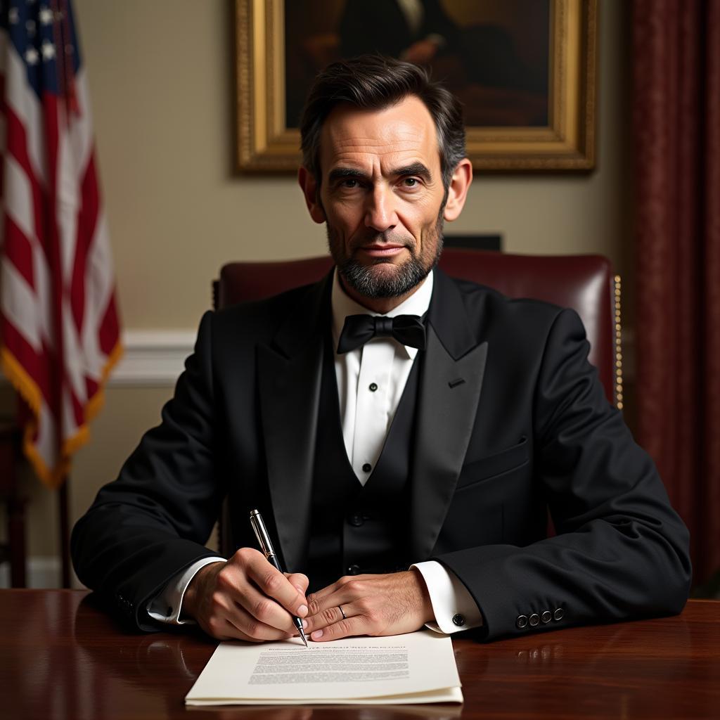 Abraham Lincoln trong vai trò tổng thống. Hình ảnh mô tả Lincoln đang ngồi tại bàn làm việc, vẻ mặt trầm ngâm, tay cầm một cây bút và một tờ giấy. Bức ảnh toát lên sự uy nghiêm và trách nhiệm của một vị tổng thống.