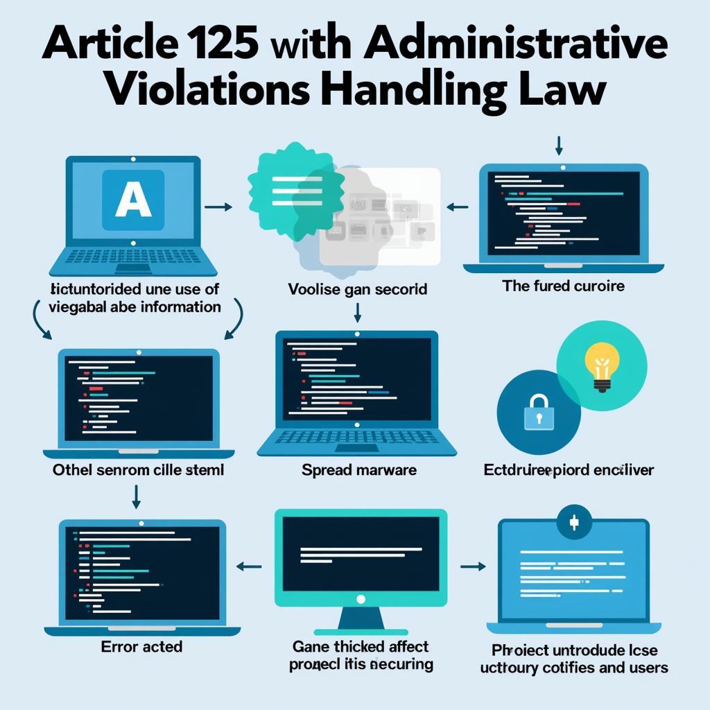 Hình ảnh minh họa các hành vi vi phạm được quy định tại Điều 125 Luật Xử Lý Vi Phạm Hành Chính, bao gồm sử dụng trái phép thông tin, phát tán phần mềm độc hại, vi phạm an toàn thông tin mạng