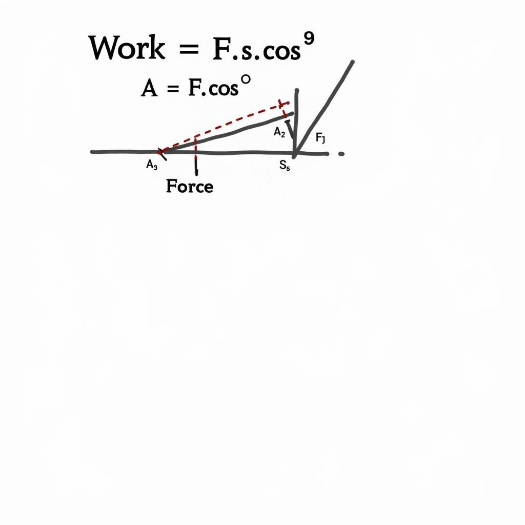 Công thức tính công trong vật lý: Hình ảnh minh họa công thức A = F.s.cosα, với chú thích rõ ràng về từng thành phần trong công thức.