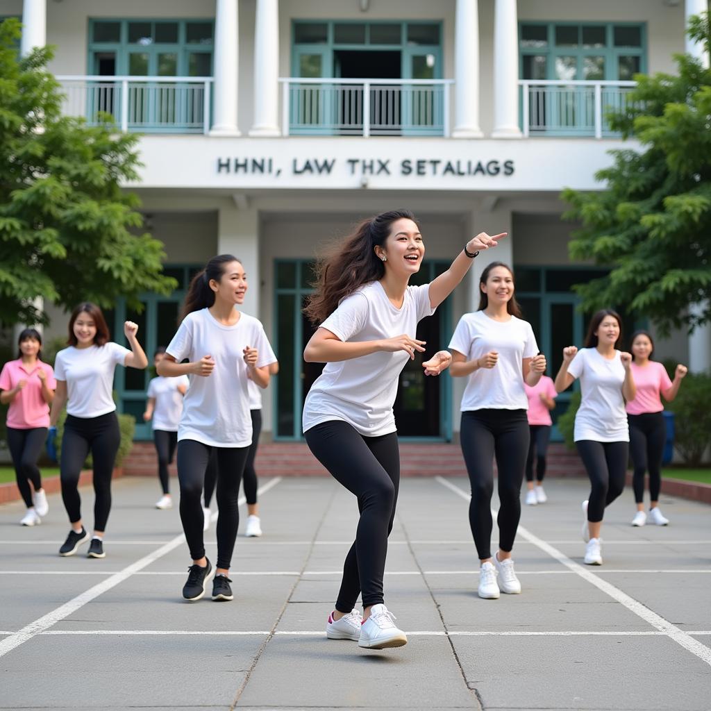 Sinh viên tập Aerobic tại trường Đại học Luật Hà Nội