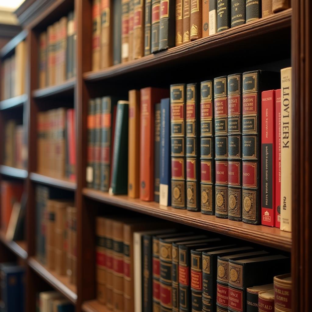 Legal documents and books arranged neatly on a bookshelf.