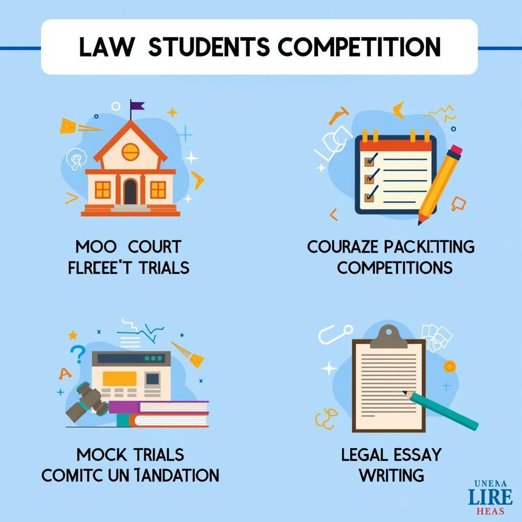 Hình ảnh minh họa về các loại cuộc thi sinh viên luật khác nhau, bao gồm moot court, phiên tòa giả định và viết luận pháp lý.